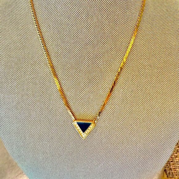 CHRISTIAN DIOR VINTAGE GOLD TONE W/RHINESTONE & ENAMEL CHEVRON NECKLACE 9-11” - Picture 2 of 7